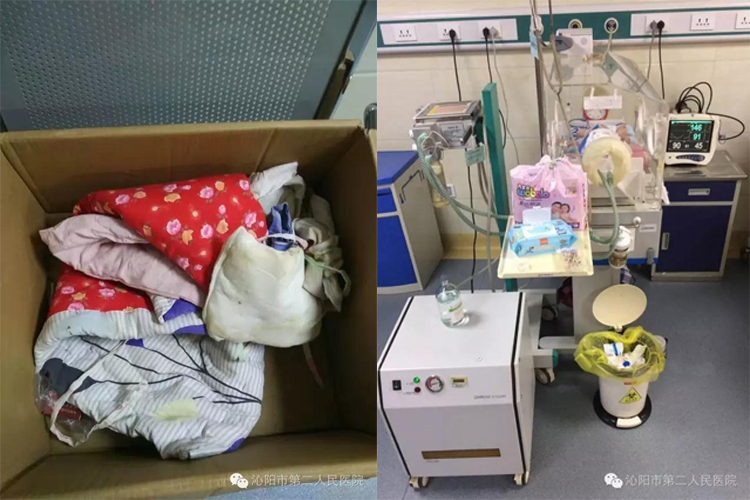 (左侧图中是孩子来医院之前栖身的纸箱,右侧图中新生儿暖箱旁的架子上